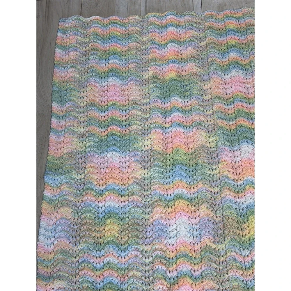 Vintage Pastel Hand‎ Crocheted Soft Knitted Baby Blanket Throw Afghan Unisex